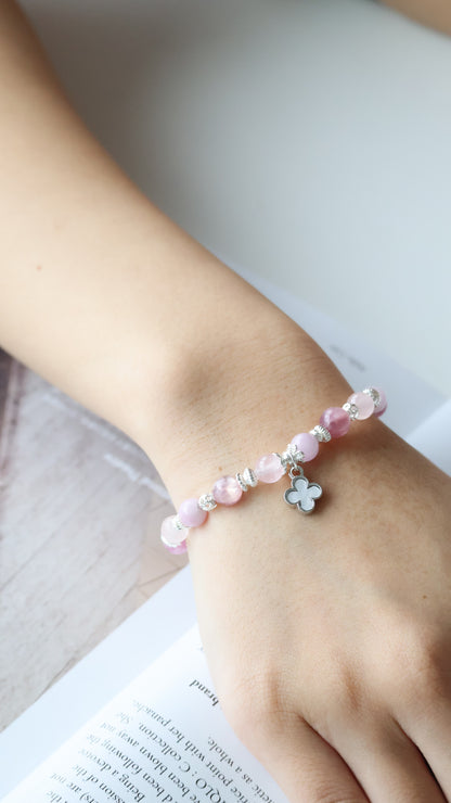 *Instocks* Mini Clover Stacker - Pink Purple Emerald Mica, Kunzite & Rose Quartz Crystal Bracelet (Elastic)
