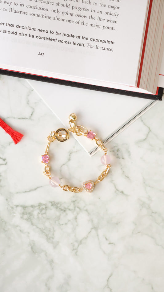 *Backorder* Delina -  Chain with Rose Quartz, Pink Heart & Pink Gemstones Crystal Bracelet (OT Clasp)