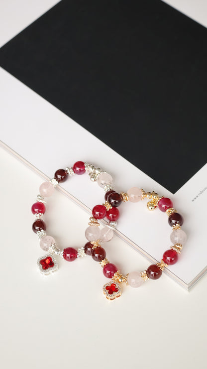 *Instocks* Cordelia Twin - Ruby, Garnet & Dendritic Rose Quartz with Sparkly Red Clover Crystal Bracelet (Elastic)