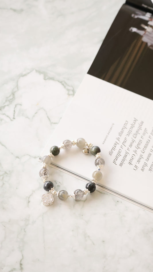 *Backorder* Cordelia Twin - Wuji Jadeite, Labradorite & Black Strawberry Quartz with Sparkly Clover Crystal Bracelet (Elastic)