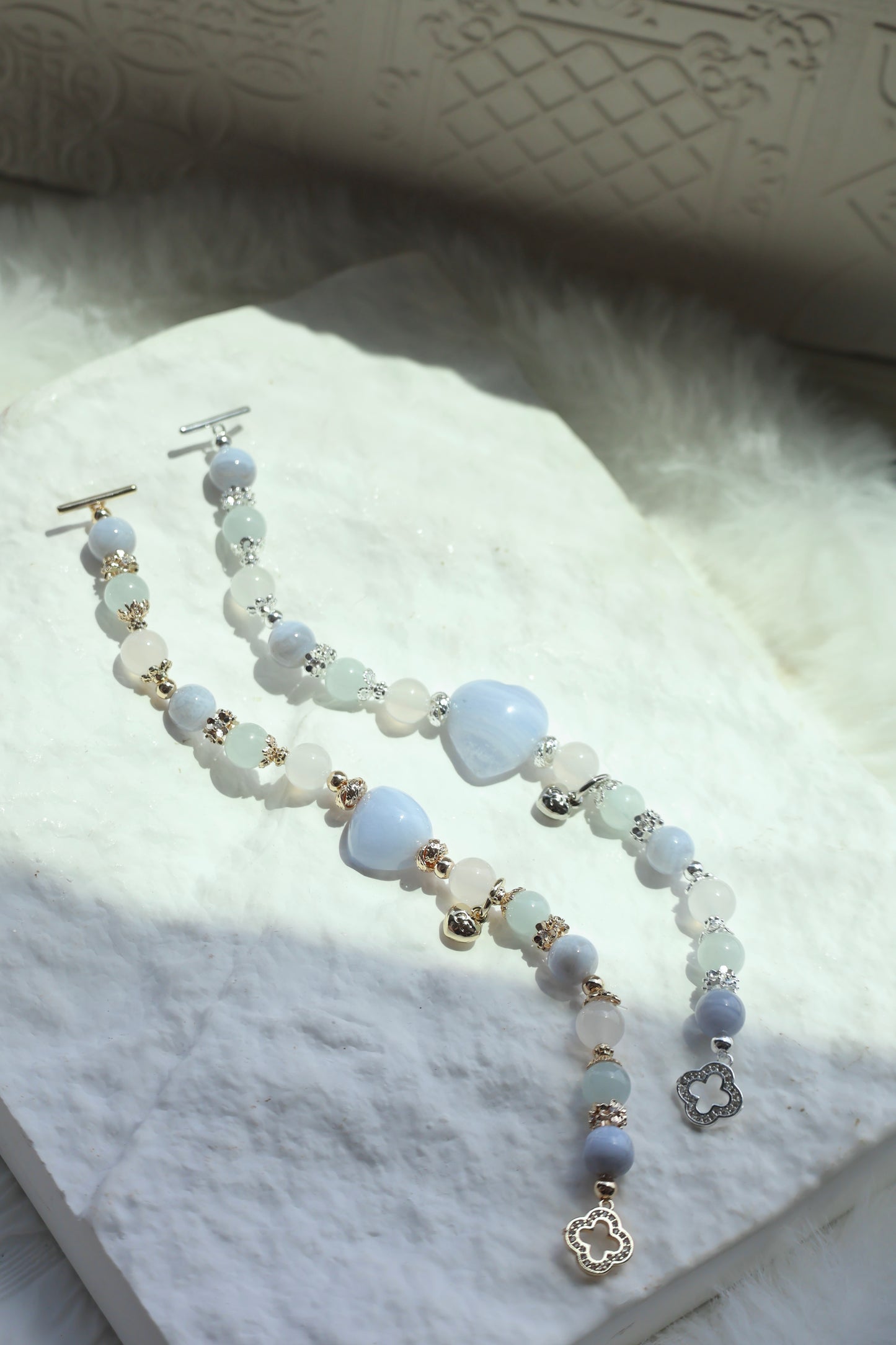 *Instocks* Blue Lace Agate, Aquamarine & White Agate with Blue Lace Agate Heart Crystal Bracelet (Elastic)