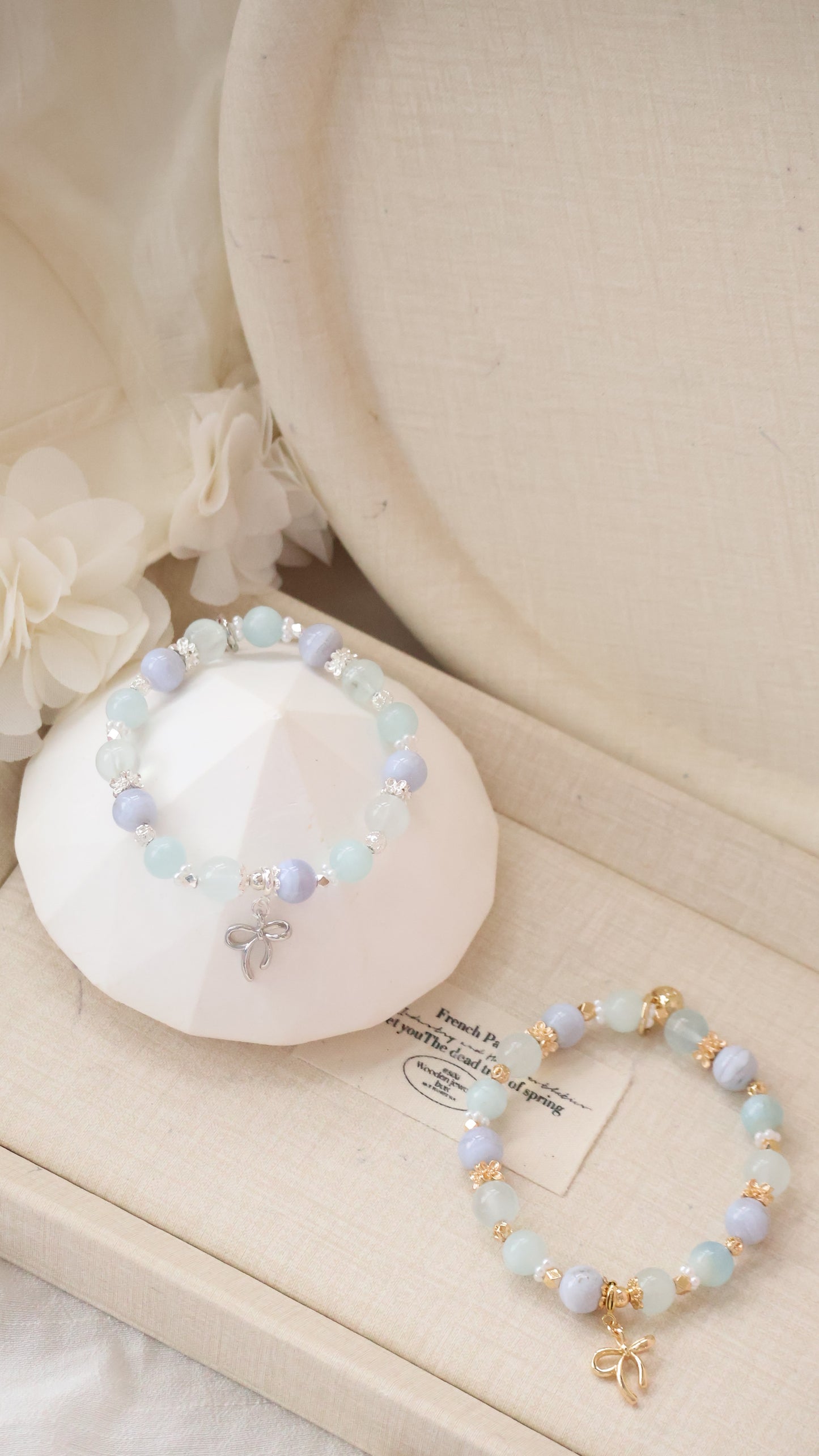 *Backorder* Musa - Blue Lace Agate, Aquamarine & Milky Aquamarine with Bow Crystal Bracelet (Elastic)