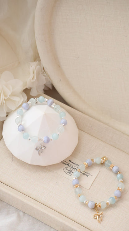 *Backorder* Musa - Blue Lace Agate, Aquamarine & Milky Aquamarine with Bow Crystal Bracelet (Elastic)
