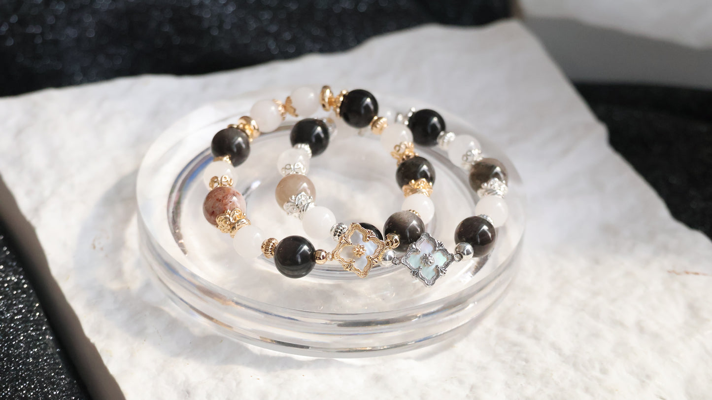 *Instocks* Garden Quartz, White Jadeite, Black Obsidian & White Phantom Quartz Crystal Bracelet (Elastic)
