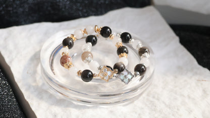 *Instocks* Garden Quartz, White Jadeite, Black Obsidian & White Phantom Quartz Crystal Bracelet (Elastic)