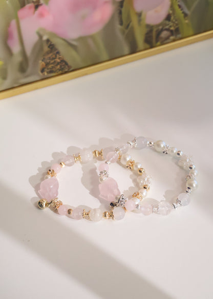 *Instocks* Rose Quartz, Snow Garden Rose Quartz & White Agate with Rose Quartz Nine Tail Fox Crystal Bracelet (Elastic)