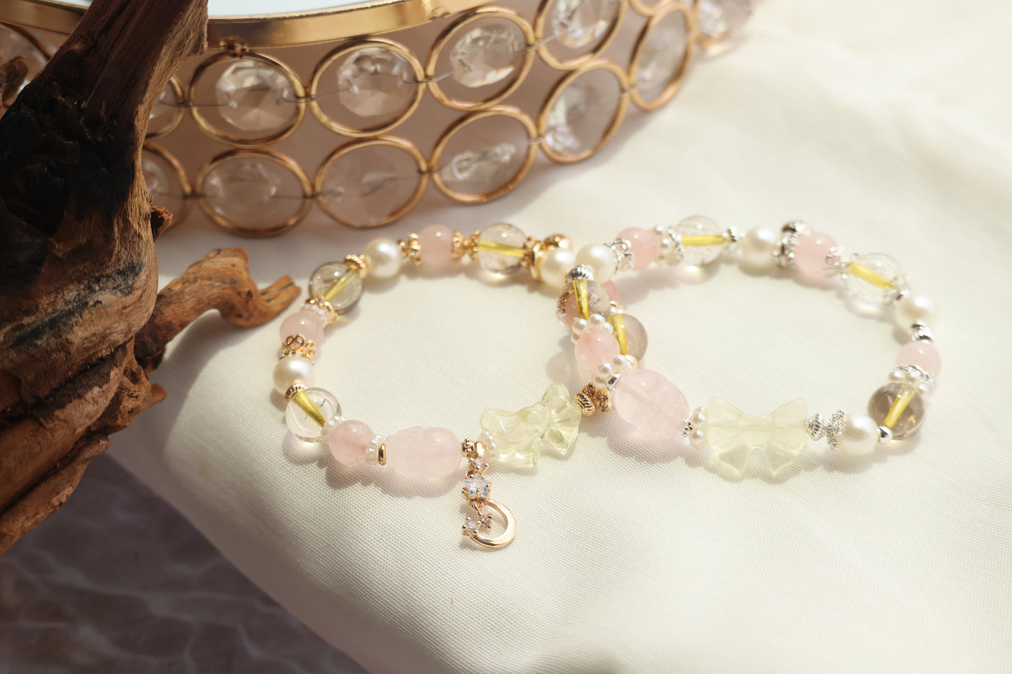 *Instocks* Gold Rutile & Rose Quartz with Lemon Quartz Ribbon & Rose Quartz Pixiu Crystal Bracelet (Elastic)
