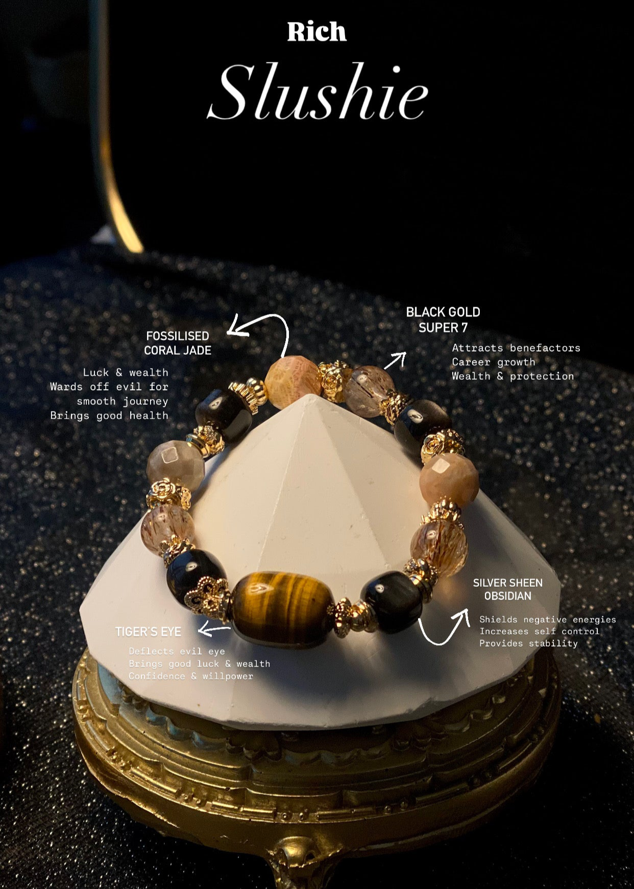 *Instocks* Rich Slushie - Tiger's Eye Barrel Freeform, Drum Silver Sheen Obsidian, Black Gold Super 7 & Faceted Fossilized Coral Jade Crystal Bracelet (Elastic)