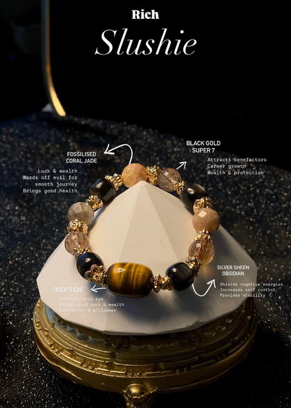*Instocks* Rich Slushie - Tiger's Eye Barrel Freeform, Drum Silver Sheen Obsidian, Black Gold Super 7 & Faceted Fossilized Coral Jade Crystal Bracelet (Elastic)