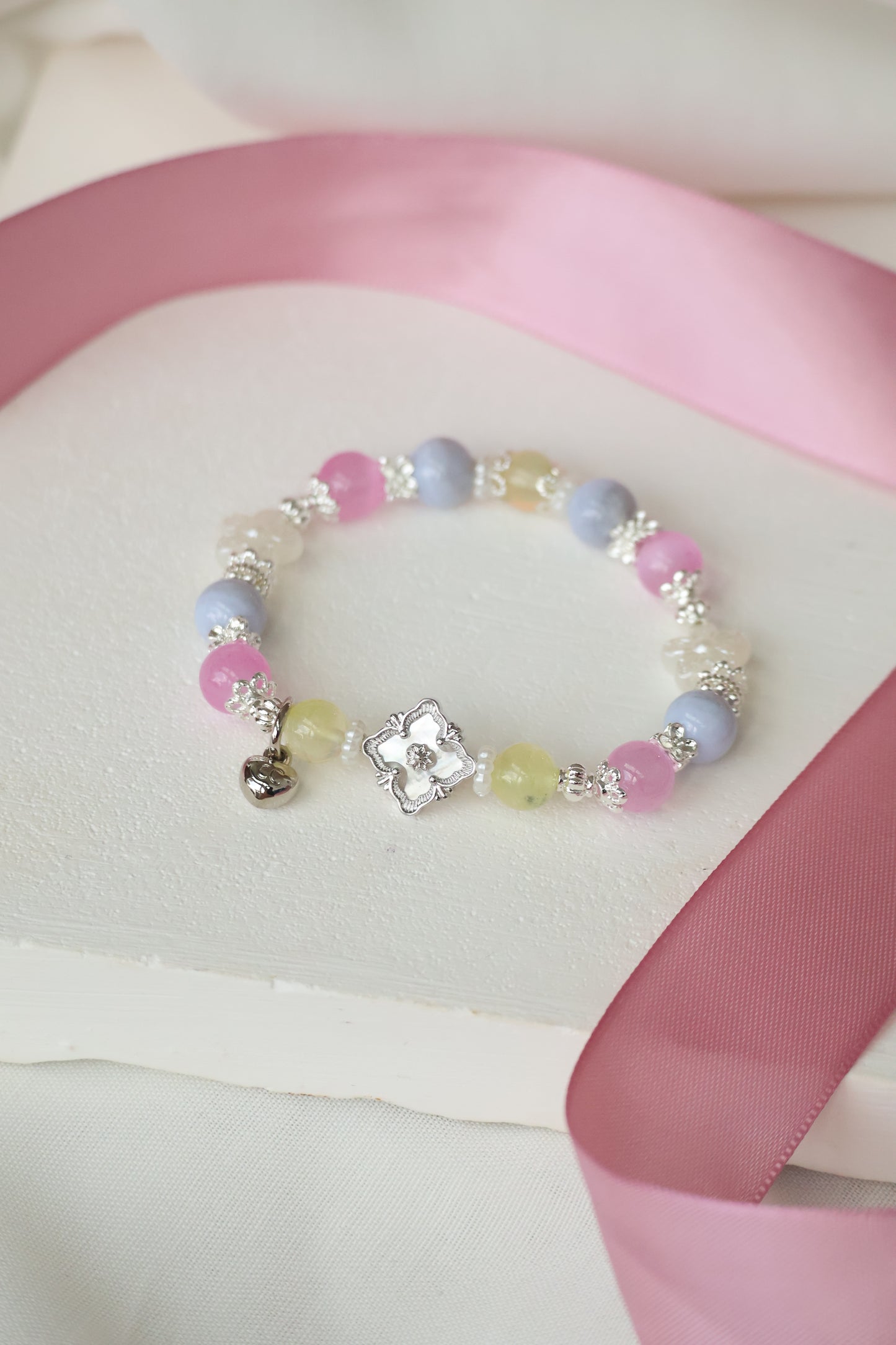 *Instocks* Prehnite, Pink Satin Spar & Blue Lace Agate with MOP Clover Crystal Bracelet (Elastic)