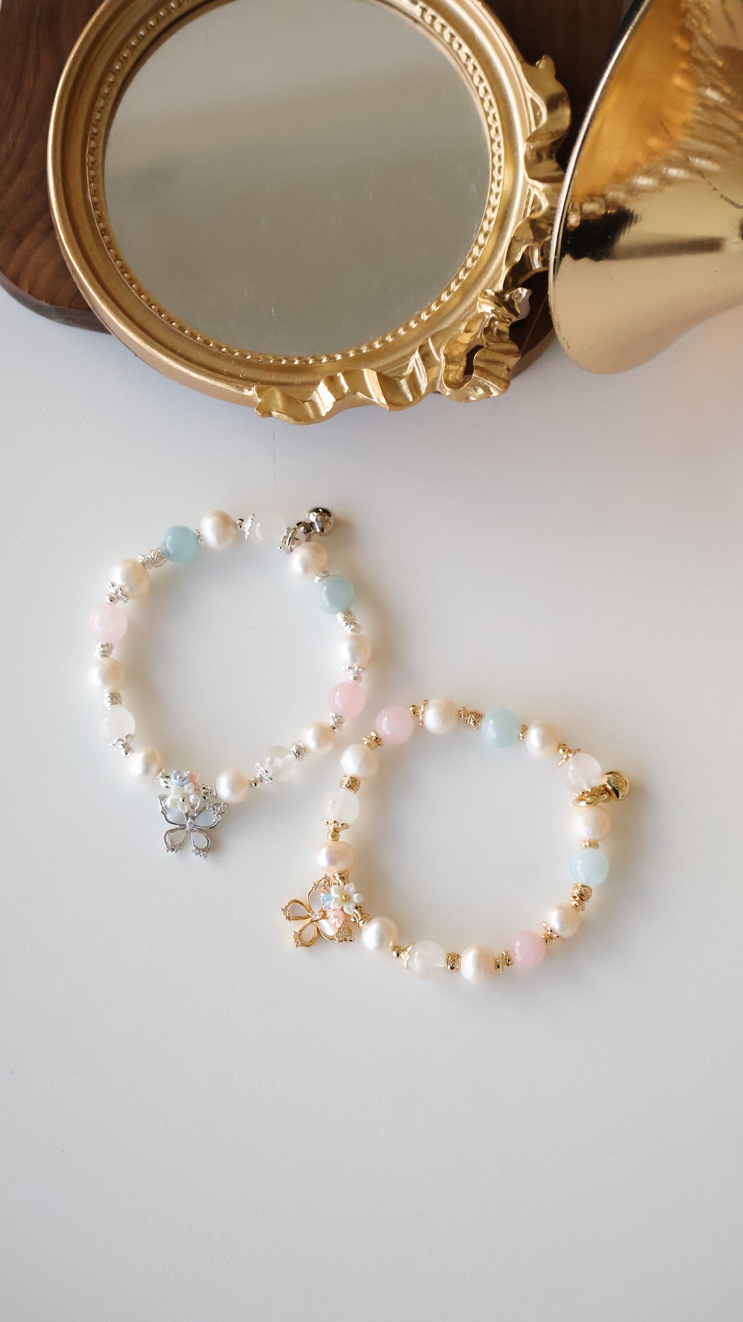 *Backorder* Pearlyn - Milky Aquamarine, Rose Quartz, White Phantom Quartz & Freshwater Pearls with MOP Butterfly Crystal Bracelet (Elastic)