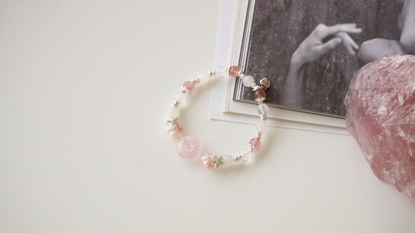 *Backorder* Rose Quartz Ping An Kou 平安扣  - Strawberry Quartz, Rose Quartz & Moonstone with Double Bouquet Crystal Bracelet (Elastic)