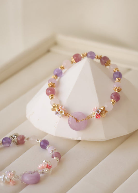 *Backorder* Kunzite Ping An Kou 平安扣 - Pink Purple Emerald Mica, Rose Quartz & Amethyst with Double Bouquet Crystal Bracelet (Elastic)