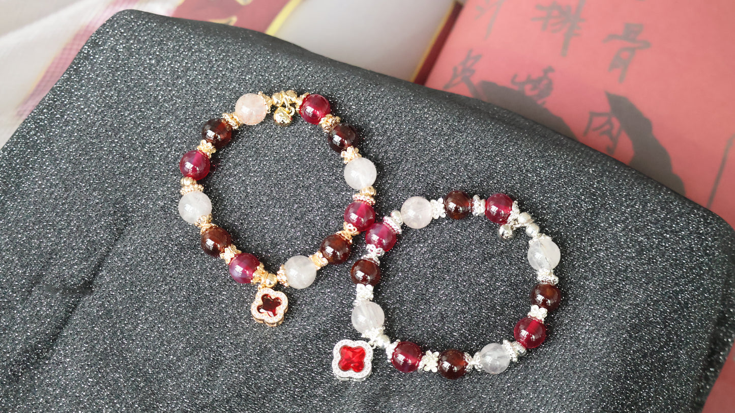 *Instocks* Cordelia Twin - Ruby, Garnet & Dendritic Rose Quartz with Sparkly Red Clover Crystal Bracelet (Elastic)
