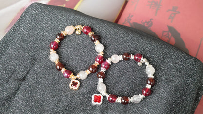 *Instocks* Cordelia Twin - Ruby, Garnet & Dendritic Rose Quartz with Sparkly Red Clover Crystal Bracelet (Elastic)