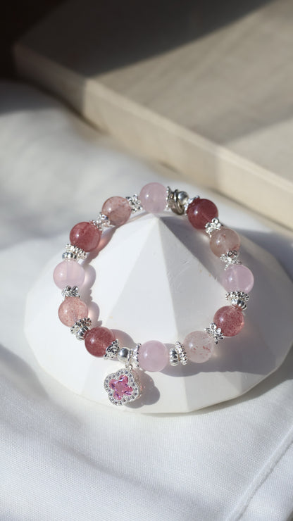 *Backorder* Cordelia Twin - Strawberry Quartz & Rose Quartz with Sparkly Pink Clover Crystal Bracelet (Elastic)