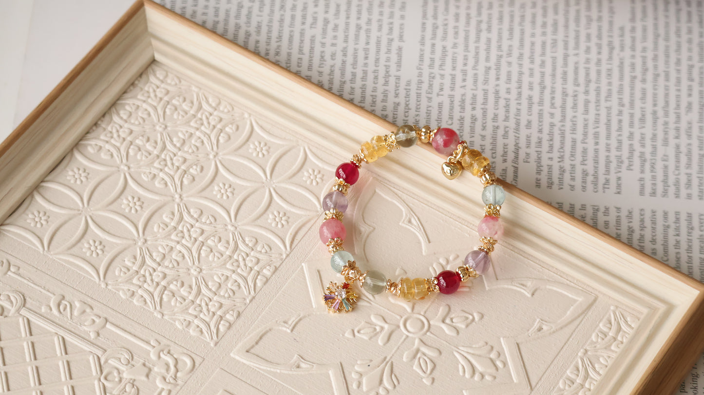*Backorder* Duobao 多宝 - Prasiolite, Amethyst, Blue Topaz, Sakura Rhodonite, Red Star Ruby & Citrine Rondelles with Multi-Coloured Snowflake Crystal Bracelet (Elastic) 2.0