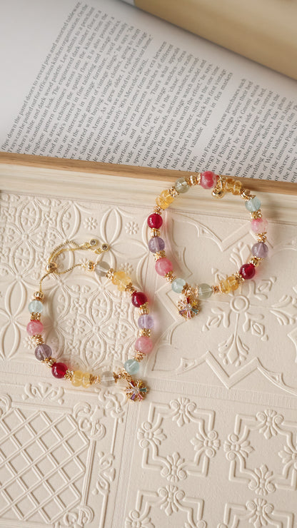 *Backorder* Duobao 多宝 - Prasiolite, Amethyst, Blue Topaz, Sakura Rhodonite, Red Star Ruby & Citrine Rondelles with Multi-Coloured Snowflake Crystal Bracelet (Elastic) 2.0