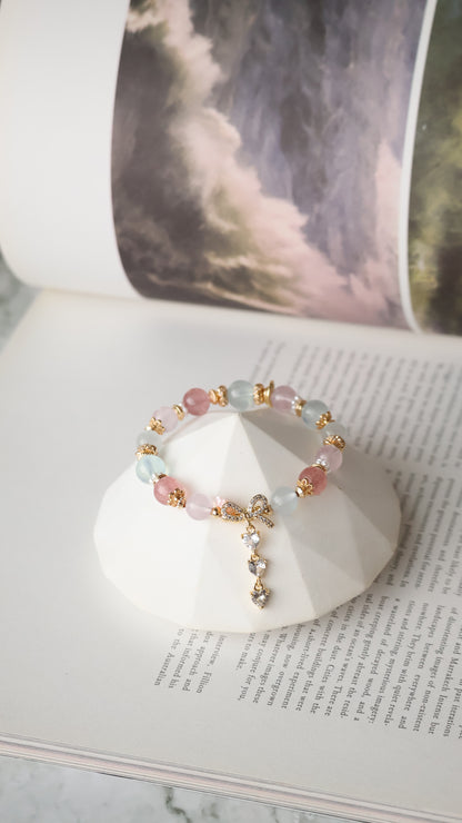 *Instocks* Rose Quartz, Strawberry Quartz, Cat Eye & Aquamarine with Ribbon & Triple Heart Dangly Crystal Bracelet (Elastic)