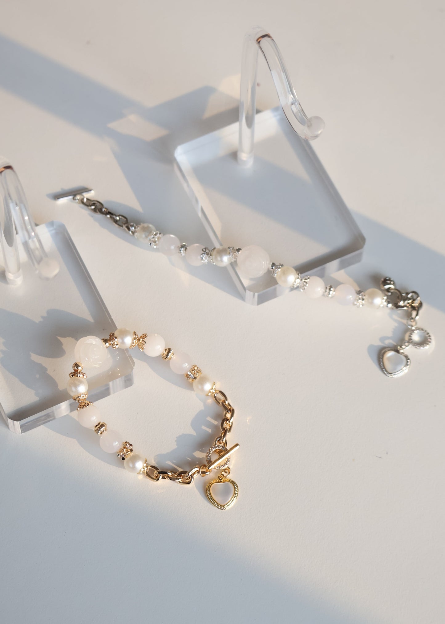 *Instocks*  White Jadeite & White Agate with White Jadeite Rose, Chain & OT Clasp and MOP Heart Crystal Bracelet (Elastic)