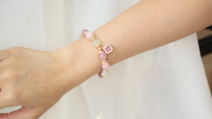 *Backorder* Cordelia Twin - Lavender Rose Quartz, Rose Quartz & White Flash Moonstone with Sparkly Pink Clover Crystal Bracelet (Elastic)