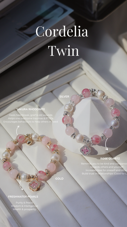 *Backorder* Cordelia Twin - Sakura Rhodonite, Rose Quartz & Freshwater Pearl with Sparkly Pink Clover Crystal Bracelet (Elastic)