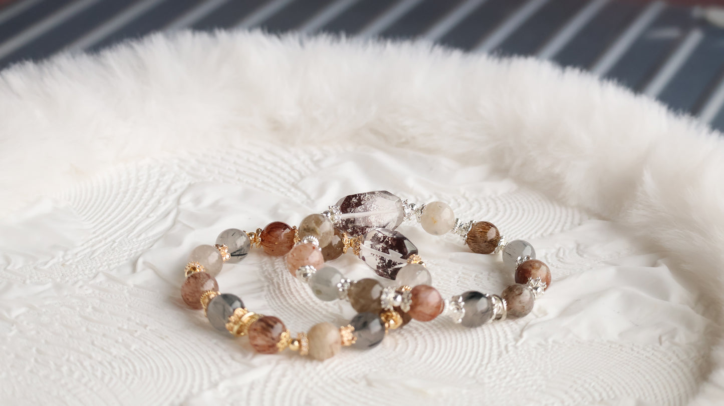 *Instocks*  Black Gold Super 7, Garden Quartz & Grey Rabbit Hair with Garden Quartz Freeform Crystal Bracelet (Elastic)