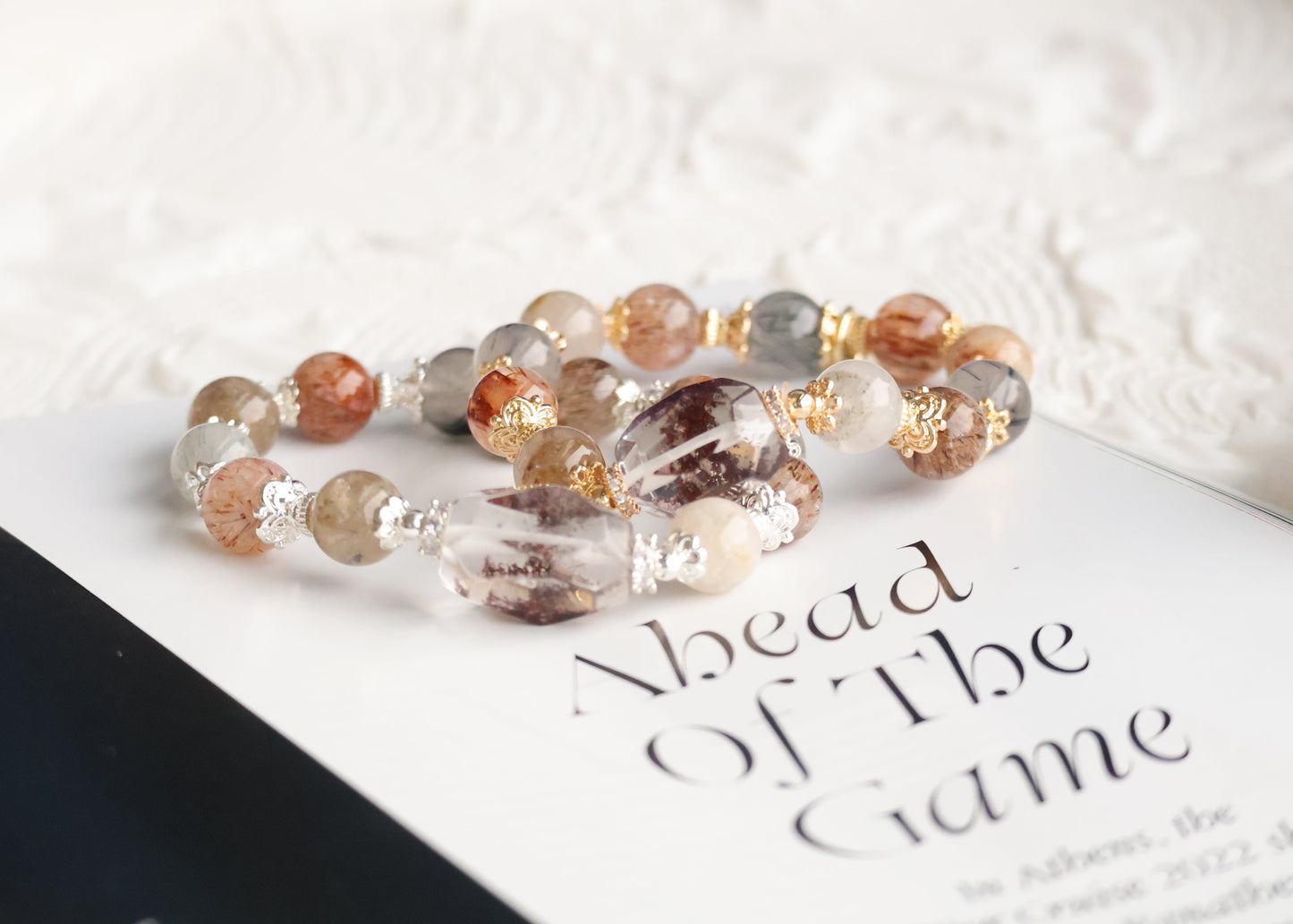 *Instocks*  Black Gold Super 7, Garden Quartz & Grey Rabbit Hair with Garden Quartz Freeform Crystal Bracelet (Elastic)