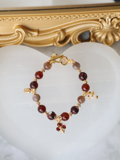 *Instocks* - Crimson Blessing - 8mm Fire Quartz, Garnet, Black Gold Skeletal Sunstone, 招财猫 Cat Charm, Red 3-Leaf Clover & 福 Charm (Elastic) Gold