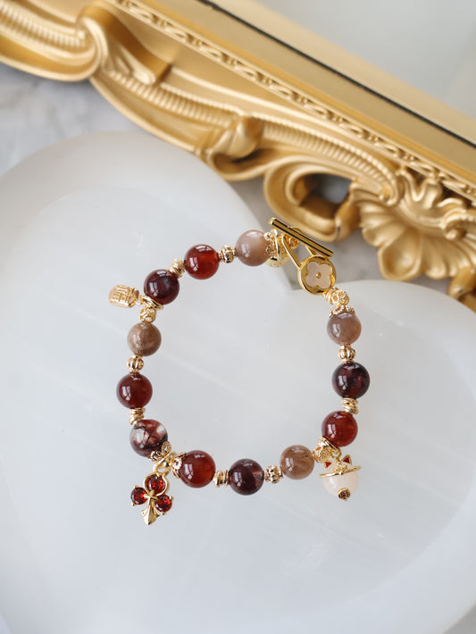 *Instocks* - Crimson Blessing - 8mm Fire Quartz, Garnet, Black Gold Skeletal Sunstone, 招财猫 Cat Charm, Red 3-Leaf Clover & 福 Charm (Elastic) Gold