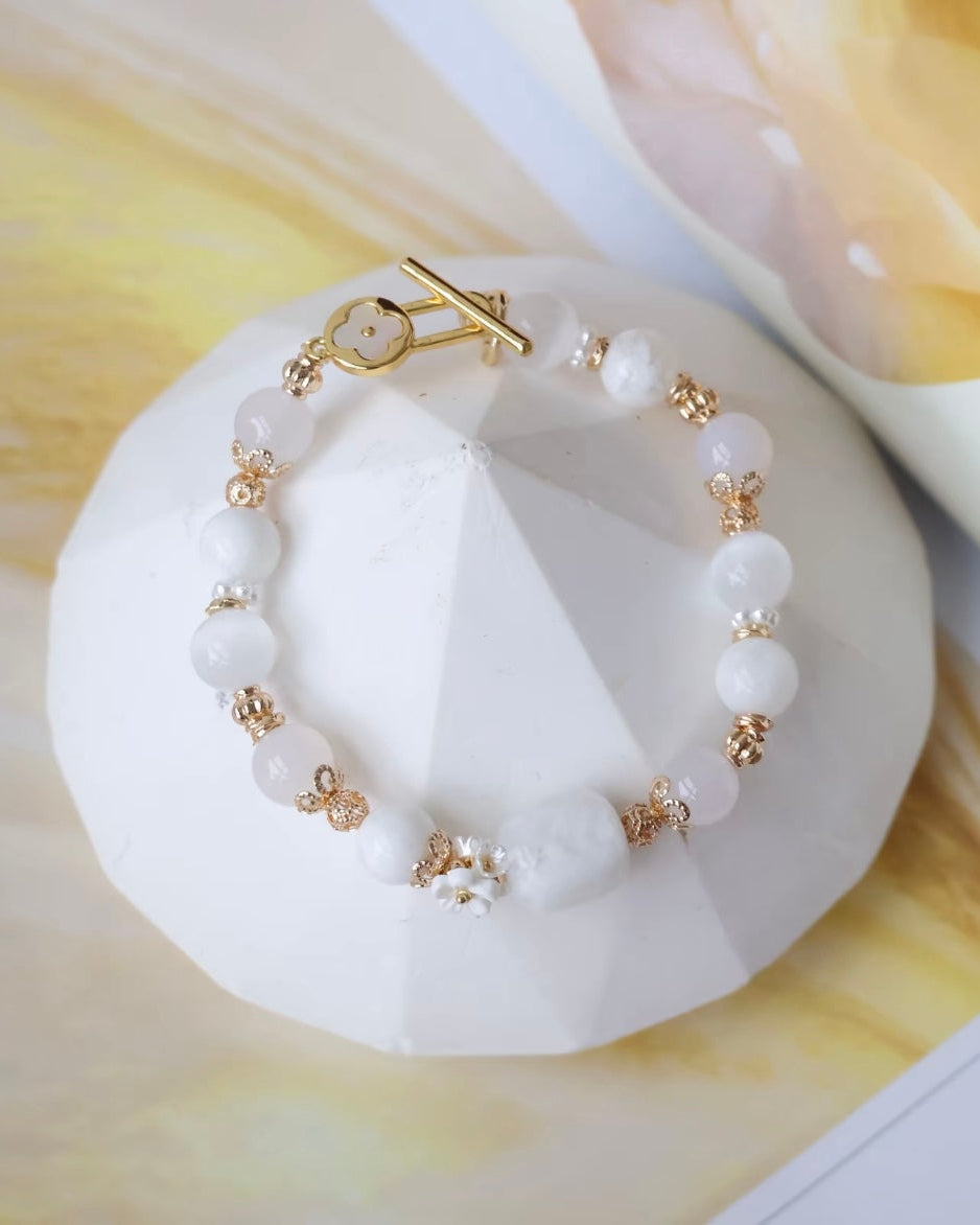 *Instocks* 8mm Satin Spar, White Agate, White Phantom Quartz with OT Clasp