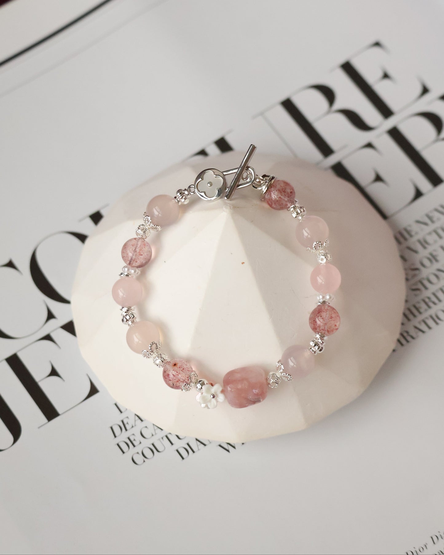 *Instocks* Flutter Shy - 8mm Pink Chalcedony, Pink Purple Emerald Mica, Rose Quartz, and Strawberry Quartz w OT Clasp