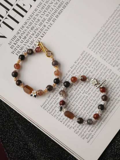 *Instocks* Cocoa - 8mm Garden Quartz, Black Gold Skeletal Sunstone and Black Gold Super 7 w Bouquet & OT Clasp