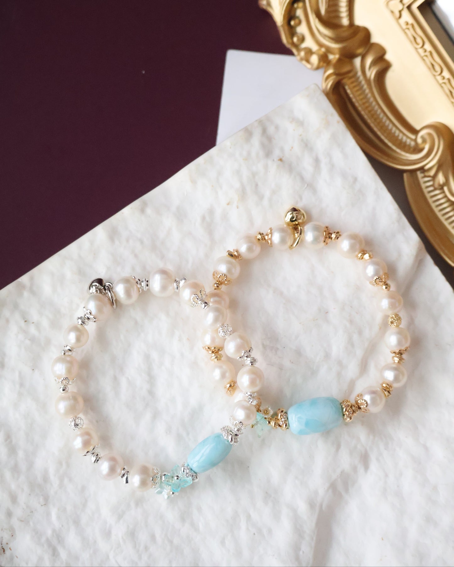 *Instocks* 8-9mm Fresh Water Pearl & Larimar Barrel with Bouquet