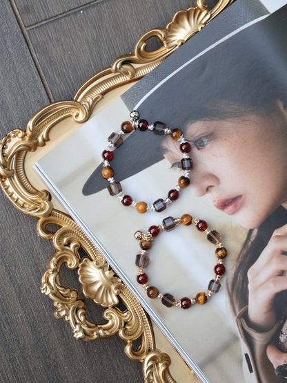 Tiger Eye, Garnet, Smoky Quartz Crystal Bracelet — Aquarius Horoscope Series | 8mm (Elastic)