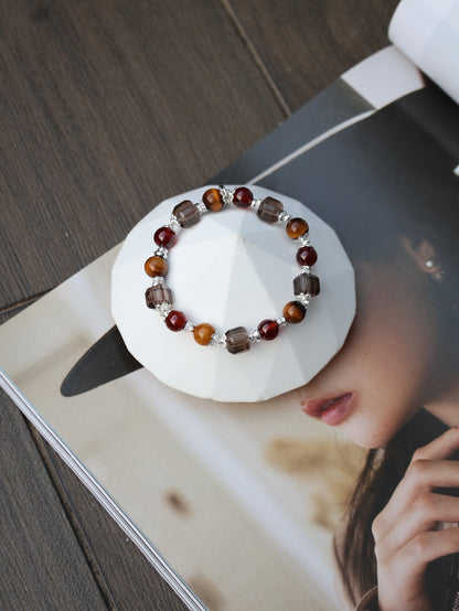 Tiger Eye, Garnet, Smoky Quartz Crystal Bracelet — Aquarius Horoscope Series | 8mm (Elastic)