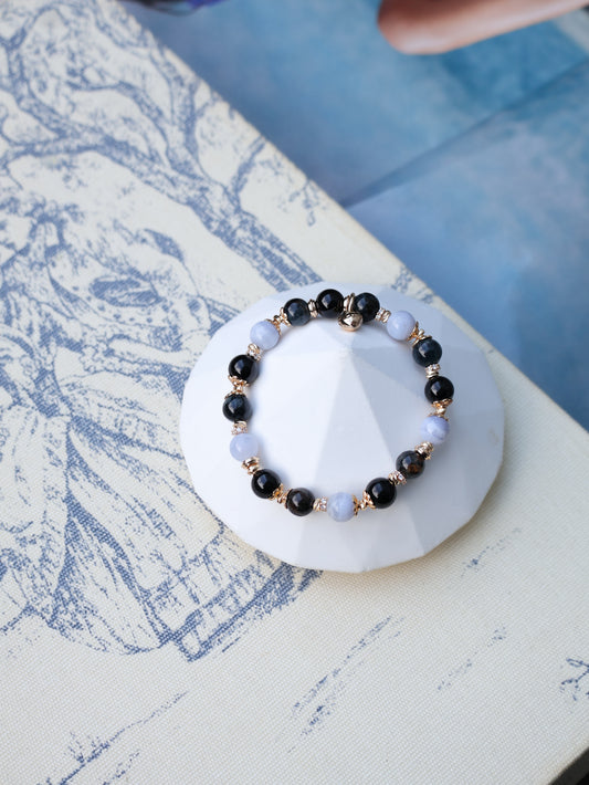 Black Tourmaline, Blue lace Agate, Pietersite — Pisces Horoscope Series | 8mm (Elastic)