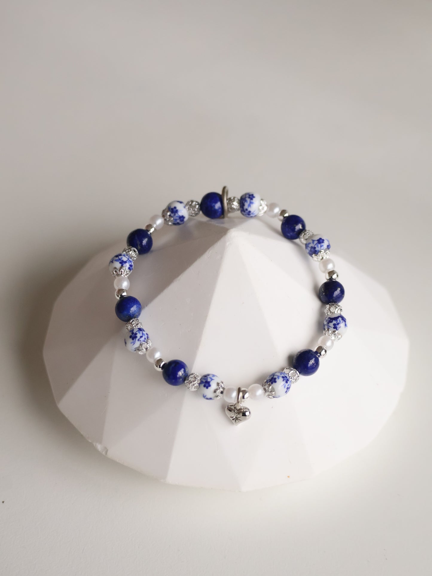 *Instocks* Chinese Porcelain Inspired - 6mm Lapis Lazuli with Heart Dangly