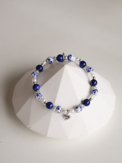 *Instocks* Chinese Porcelain Inspired - 6mm Lapis Lazuli with Heart Dangly