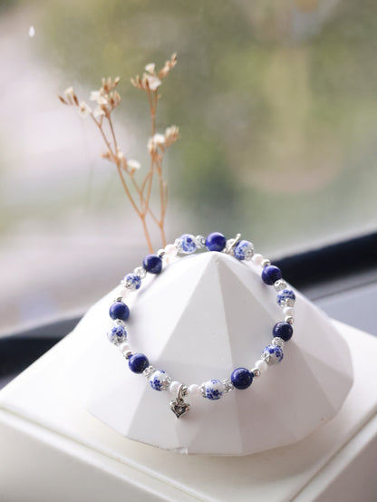 *Instocks* Chinese Porcelain Inspired - 6mm Lapis Lazuli with Heart Dangly