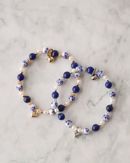 *Instocks* Chinese Porcelain Inspired - 6mm Lapis Lazuli with Heart Dangly