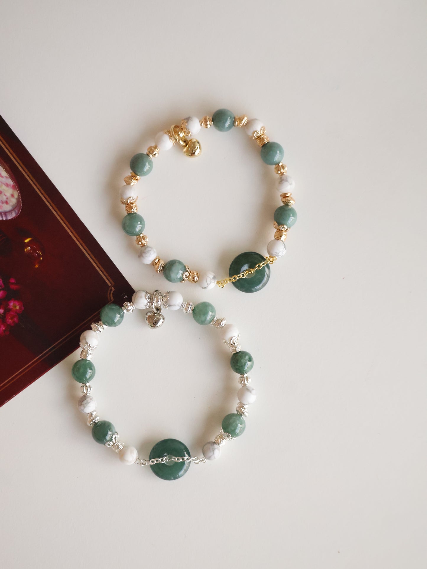 *Instocks* 平安扣 Ping An Kou 8mm Blue Water Jadeite & Howlite (Elastic)