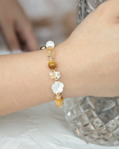 *Instocks* 8mm Yellow Bangle White Conch Flower, Tiger's Eye, Citrine (Elastic) Gold