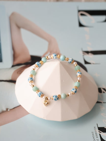 *Instocks* Chinese Porcelain Inspired - 6mm Larimar with Heart Dangly