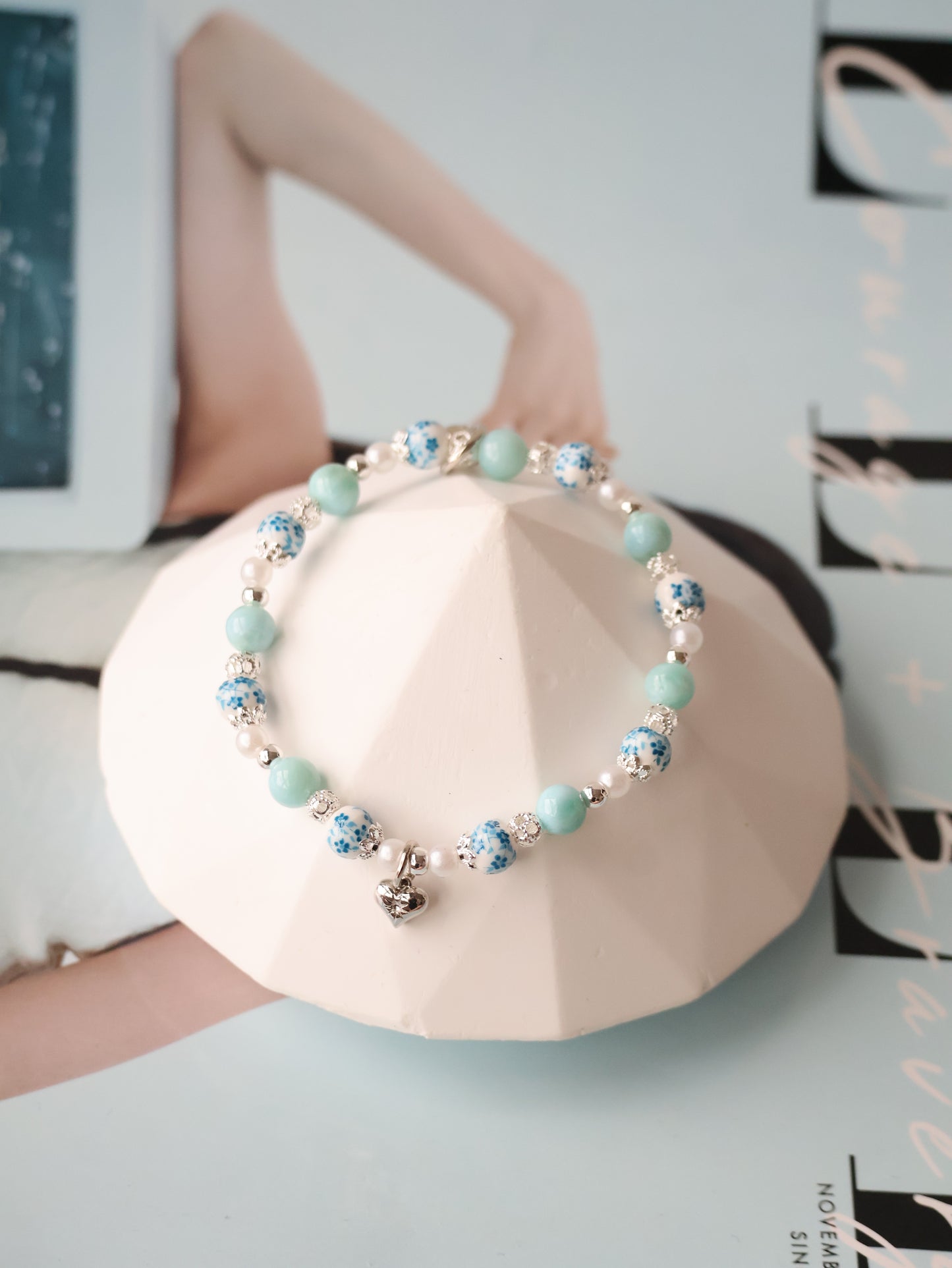 *Instocks* Chinese Porcelain Inspired - 6mm Larimar with Heart Dangly