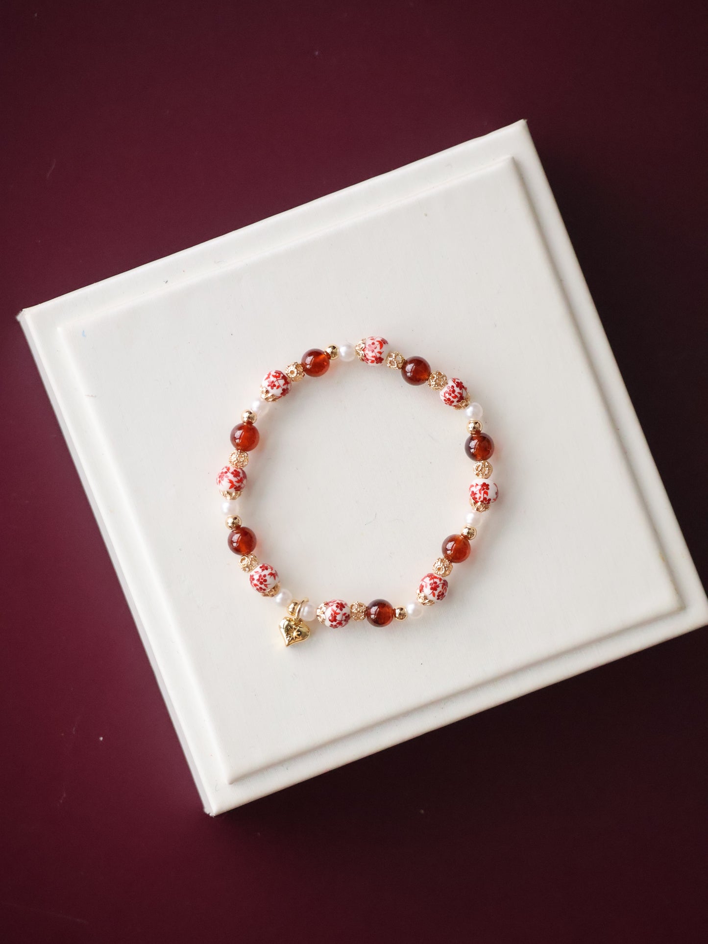 *Instocks* Chinese Porcelain Inspired - 6mm Garnet with Heart Dangly