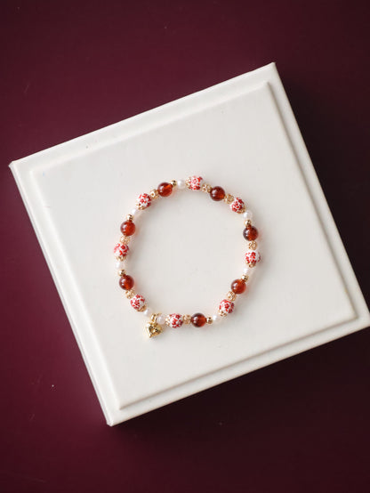 *Instocks* Chinese Porcelain Inspired - 6mm Garnet with Heart Dangly