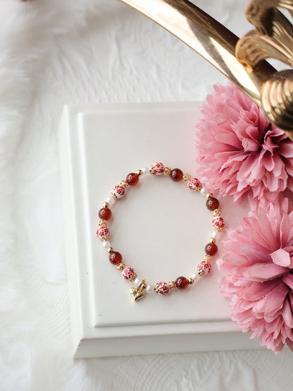 *Instocks* Chinese Porcelain Inspired - 6mm Garnet with Heart Dangly