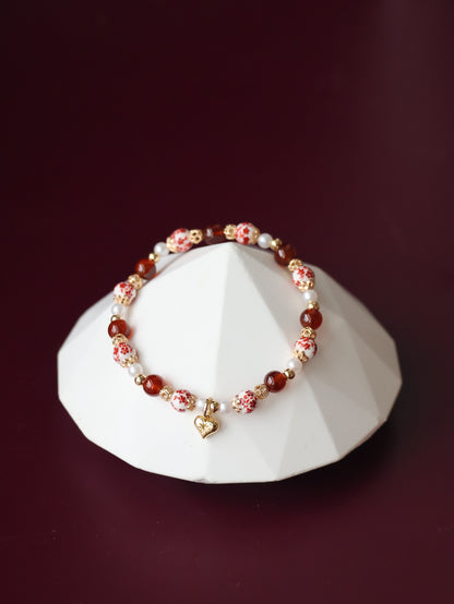 *Instocks* Chinese Porcelain Inspired - 6mm Garnet with Heart Dangly