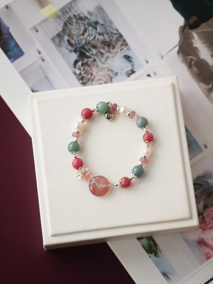 *Instocks* Mia - 平安扣 Ping An Kou - 8mm Blue Water Jadeite, Strawberry Quartz, Rhodonite, Fresh Water Pearl (Elastic)